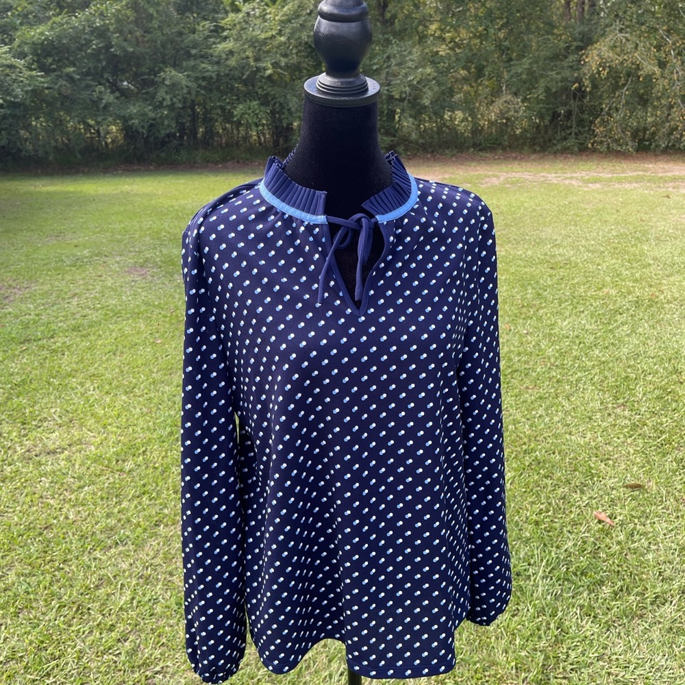 TALBOTS pleated tie neck top - dots (m)
